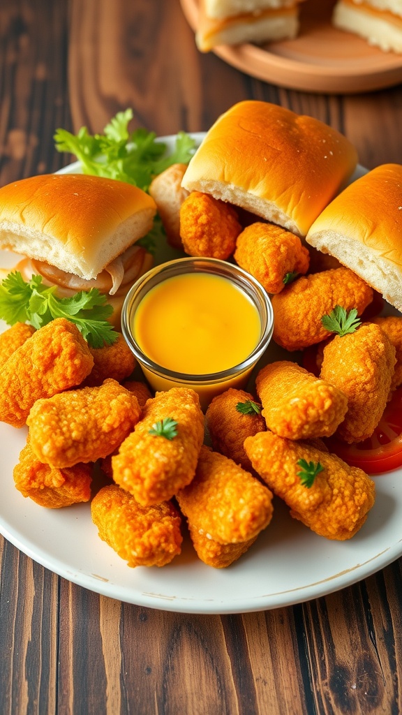 Crispy chicken sandwich nuggets on a plate with slider buns, lettuce, and honey mustard dip.